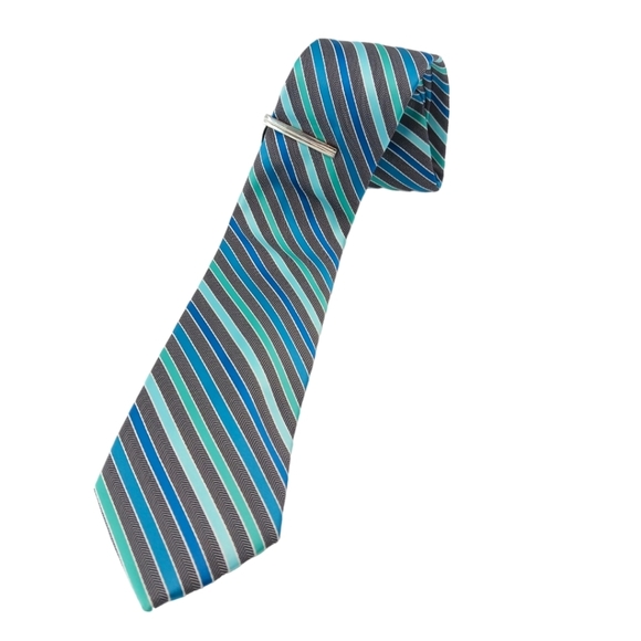 Jf ferrar Mens Tie & Clip Diagonal Stripes Teal Gray Satin NWOT Teal 57" - Picture 1 of 7